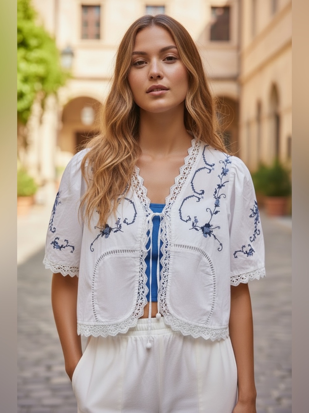 JENNIFER & GRACE White/Blue Boho Embroidered Crochet Top Jacket XS NWT Cottage